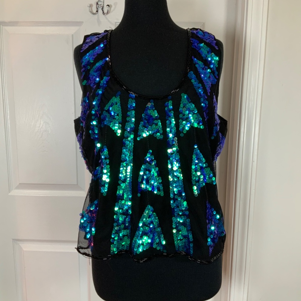 Peacock Sequins Blue Green Sleeveless Party Evening Tank Size 2X - Picture 5 of 5